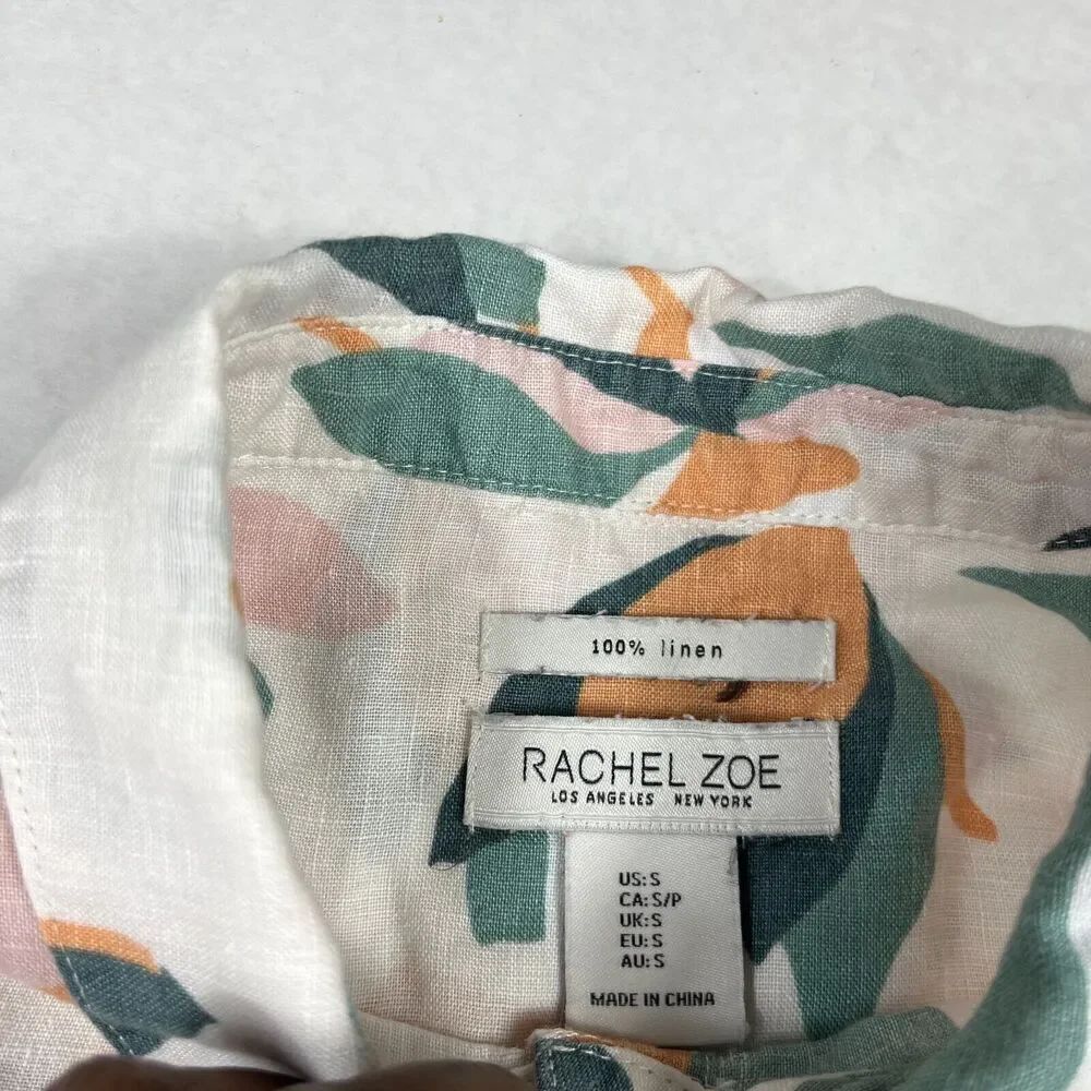 Rachel Zoe Linen Button Down Shirt Dress Floral Short Sleeve Collared Size SMALL - Picture 4 of 10